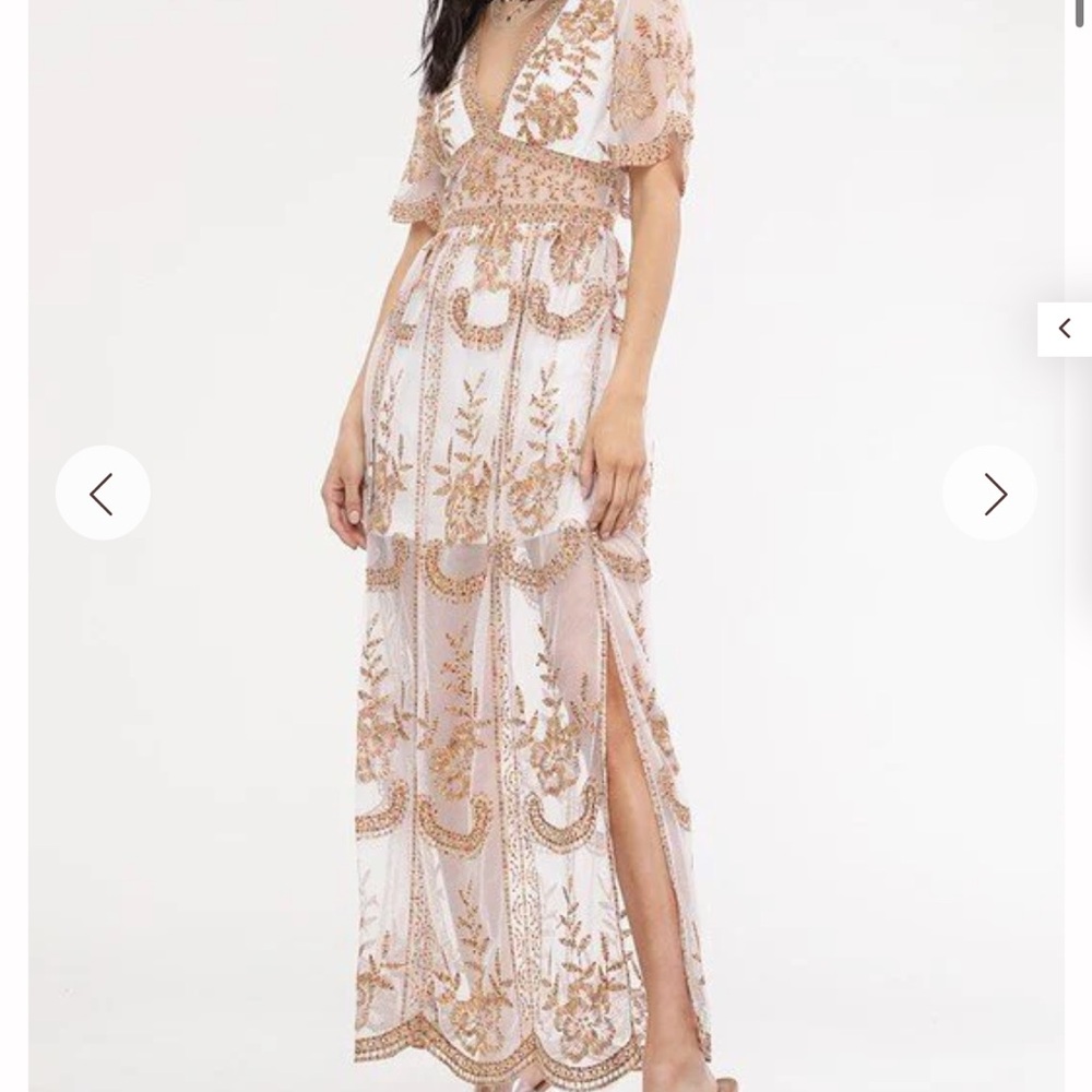 Embellished White Maxi Dress with Gold Floral Sequin Detail